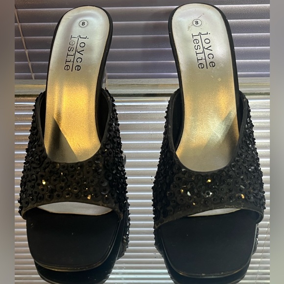 Joyce Leslie black sequin Lucite acrylic high heel sandal shoes heeled vintage - Picture 3 of 7